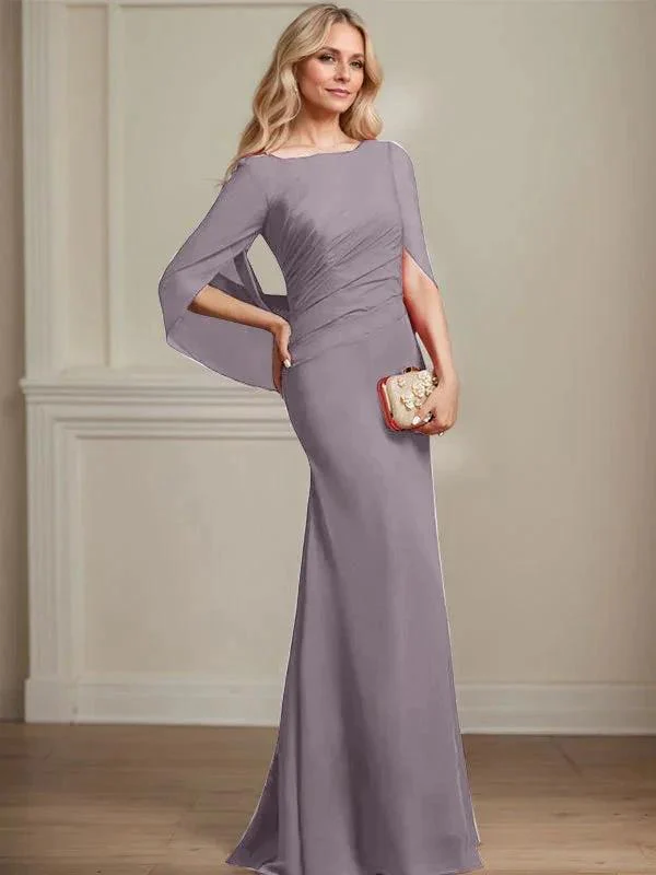 Trumpet/Mermaid Boat Neck Floor-Length Chiffon Mother of the Bride Dress With Pleated - Image 49