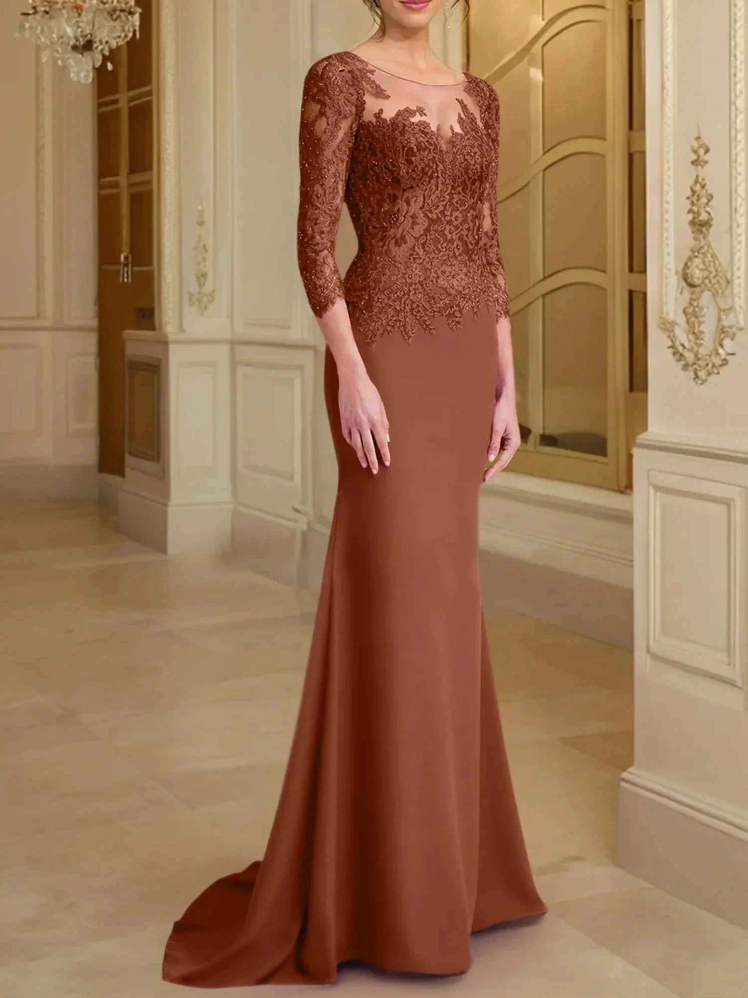 Trumpet/Mermaid Scoop Long Sleeves Mother of the Bride Dresses With Lace - Image 76