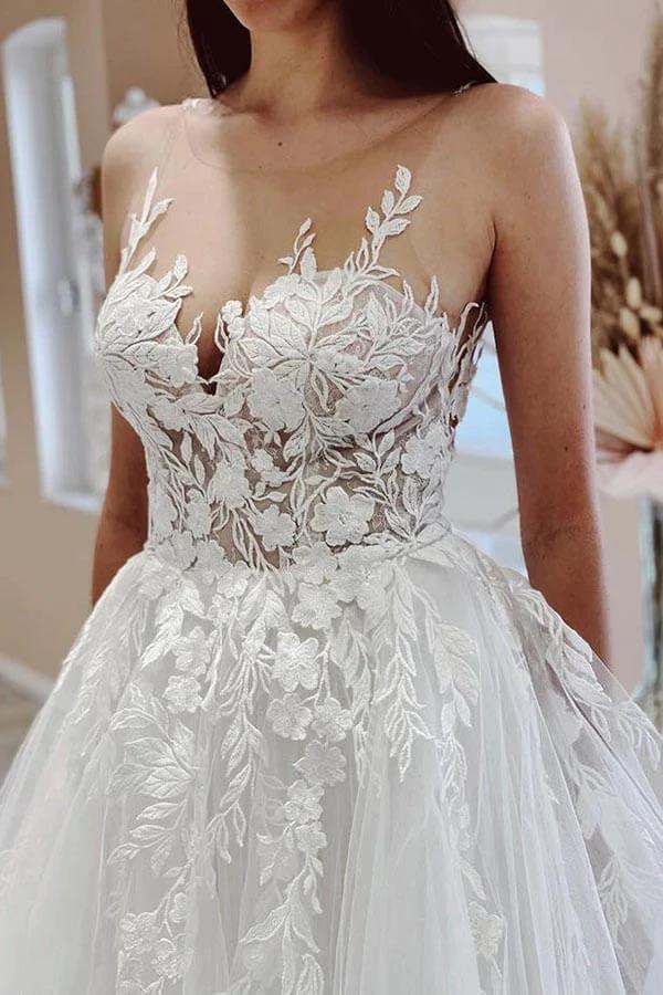 Tulle A-line Sheer Neck Beach Wedding Dress With Lace Appliques WD667 - Image 2
