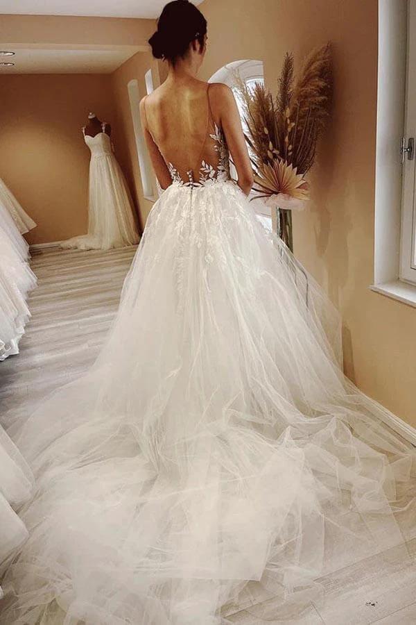 Tulle A-line Sheer Neck Beach Wedding Dress With Lace Appliques WD667 - Image 3