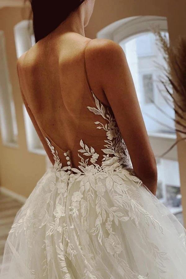 Tulle A-line Sheer Neck Beach Wedding Dress With Lace Appliques WD667 - Image 4