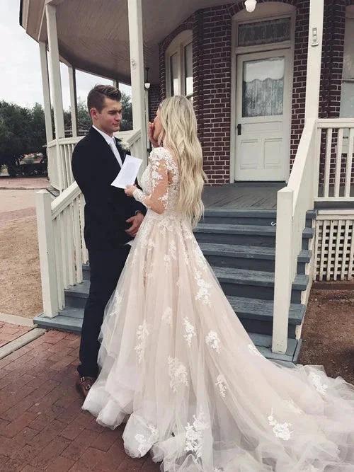 Tulle A-line V-neck Long Sleeve Lace Wedding Dresses with Train Prom Dress MW483 - Image 2