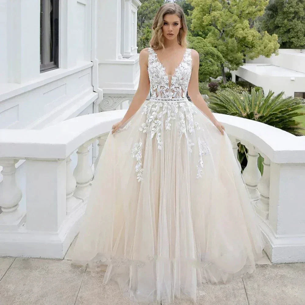 Tulle Appliques Wedding Dresses For Women 2023 Bride Deep V Neck A Line Court Train Backless Customised Robe De Mariée Vestidos - Image 2