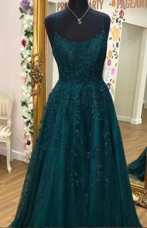 Tulle Lace A-line Scoop Spaghetti Straps Prom Dresses, Evening Dress Y1817 - Image 2
