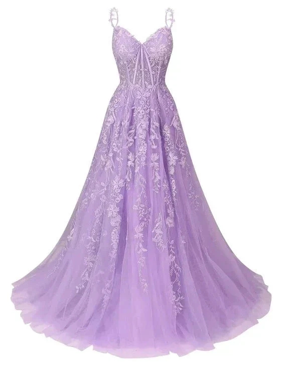 Tulle Lace Applique Prom Dresses Long for Women 2025 Spaghetti Straps A-Line Evening Cocktail Party Dresses Y6762 - Image 2