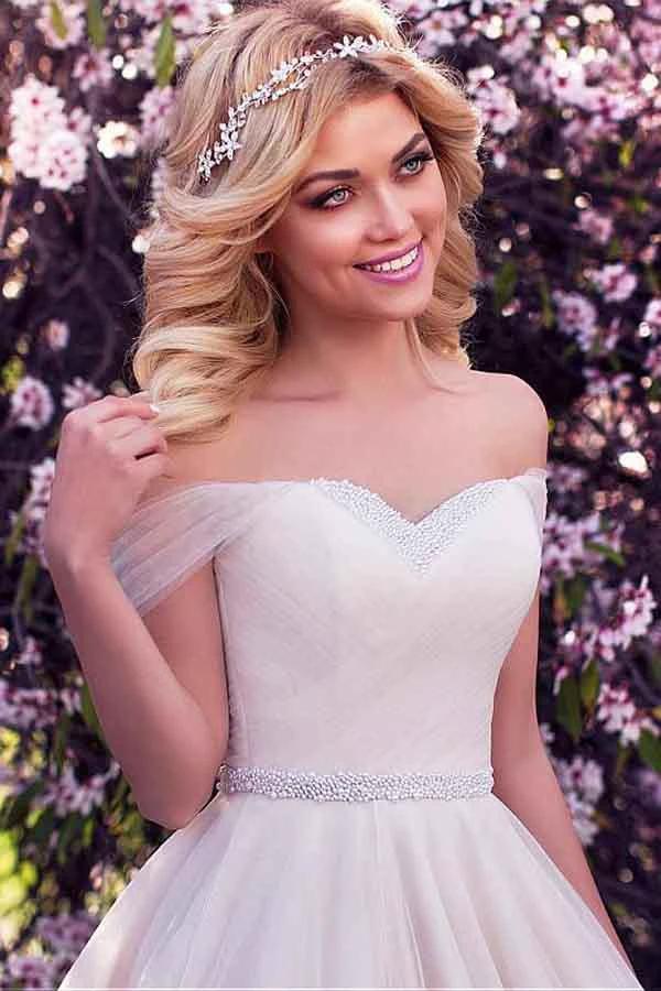 Tulle Off-the-shoulder Neckline A-line Wedding Dress With Beading WD215 - Image 2