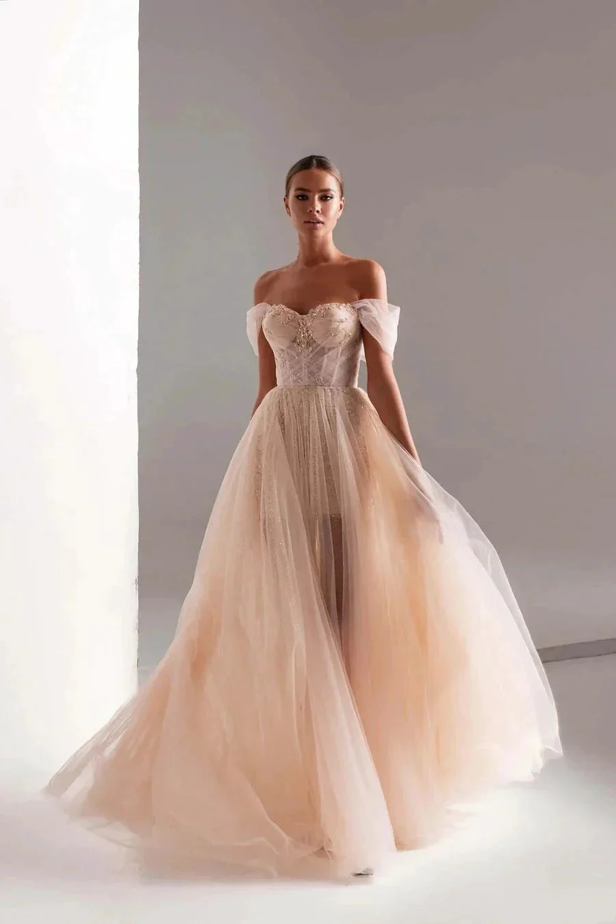 Tulle Prom Dress A-Line Long Shining Beads Prom Gown - Image 2