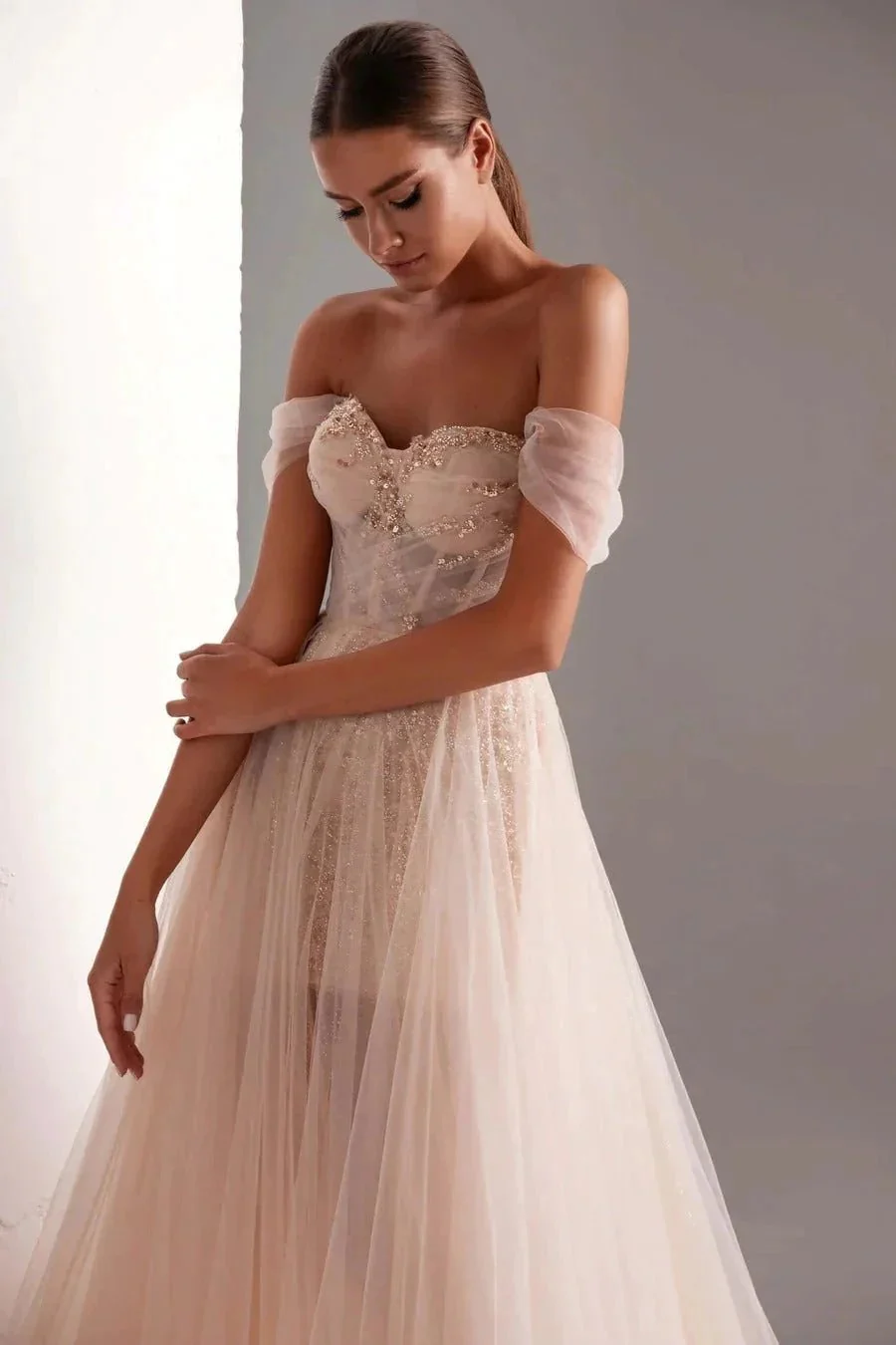 Tulle Prom Dress A-Line Long Shining Beads Prom Gown - Image 3