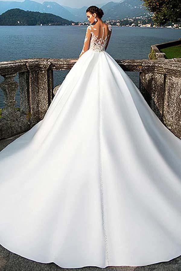 Satin Bateau Neckline A-Line Wedding Dresses With Lace Appliques WD192 - Image 2