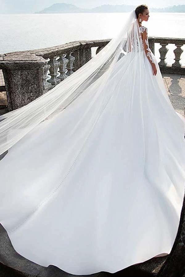Satin Bateau Neckline A-Line Wedding Dresses With Lace Appliques WD192 - Image 3