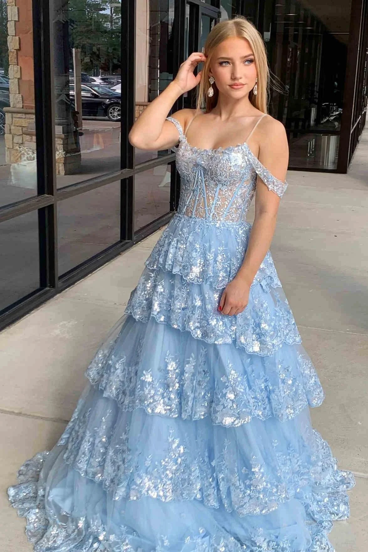 Maureen | Tulle Sequin Cold-Shoulder Ruffle Tiered Long Prom Dress - Image 2