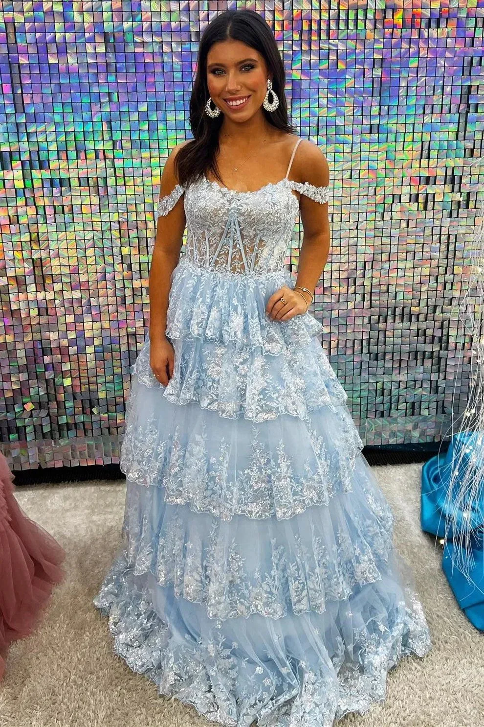 Maureen | Tulle Sequin Cold-Shoulder Ruffle Tiered Long Prom Dress - Image 3