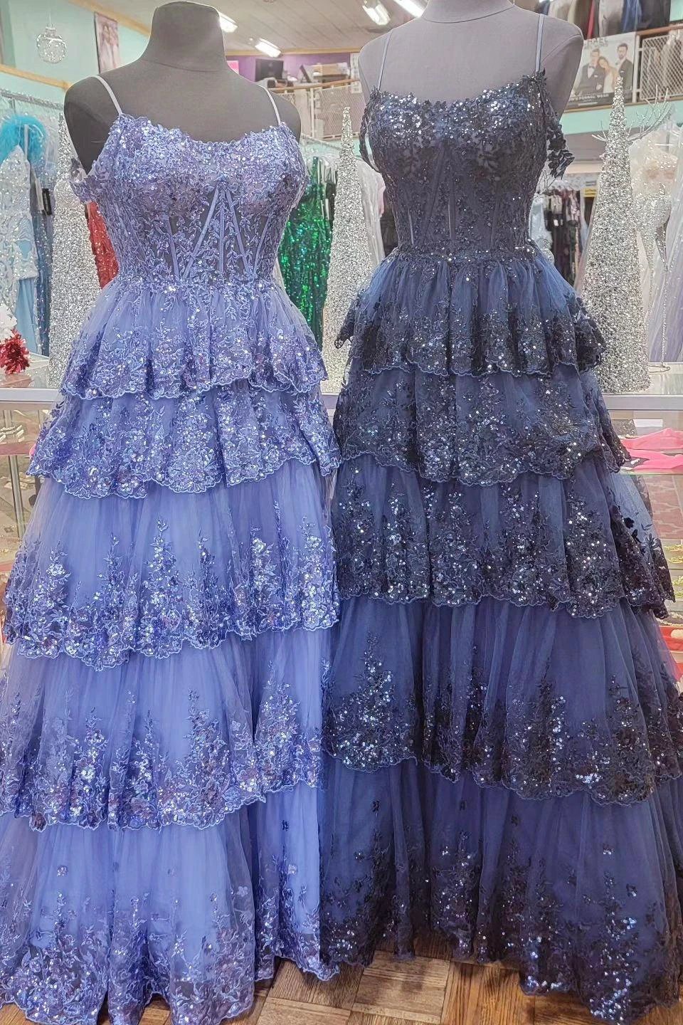 Maureen | Tulle Sequin Cold-Shoulder Ruffle Tiered Long Prom Dress - Image 4