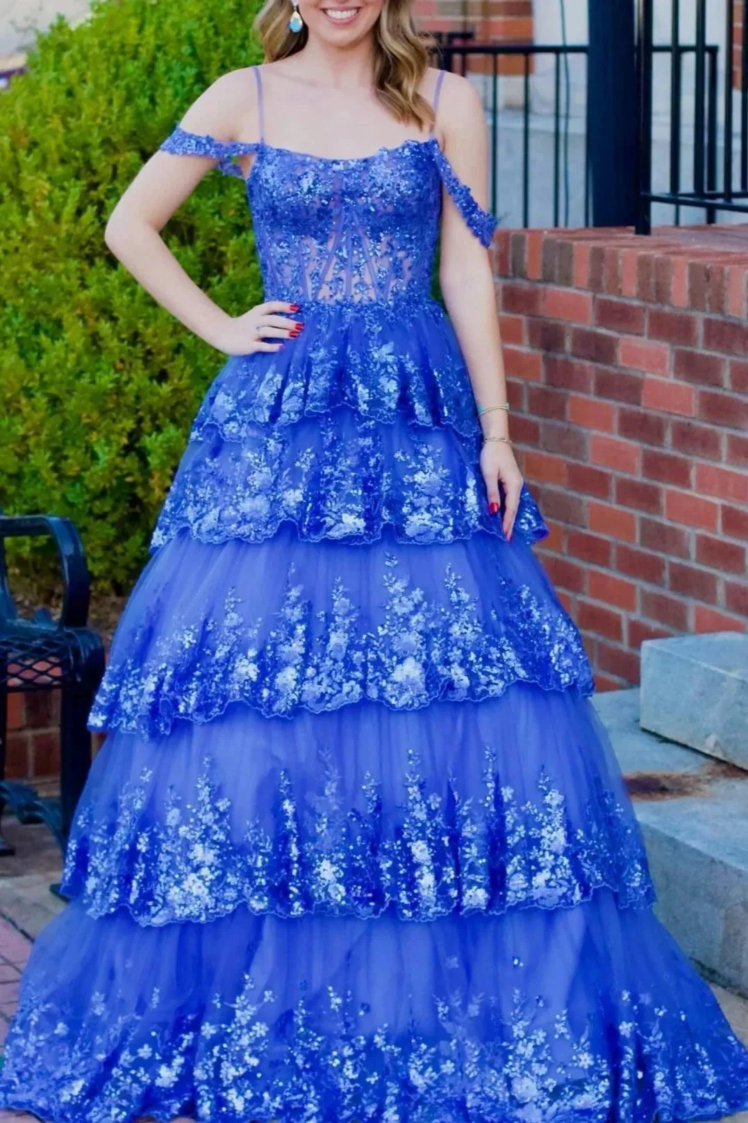 Maureen | Tulle Sequin Cold-Shoulder Ruffle Tiered Long Prom Dress - Image 5
