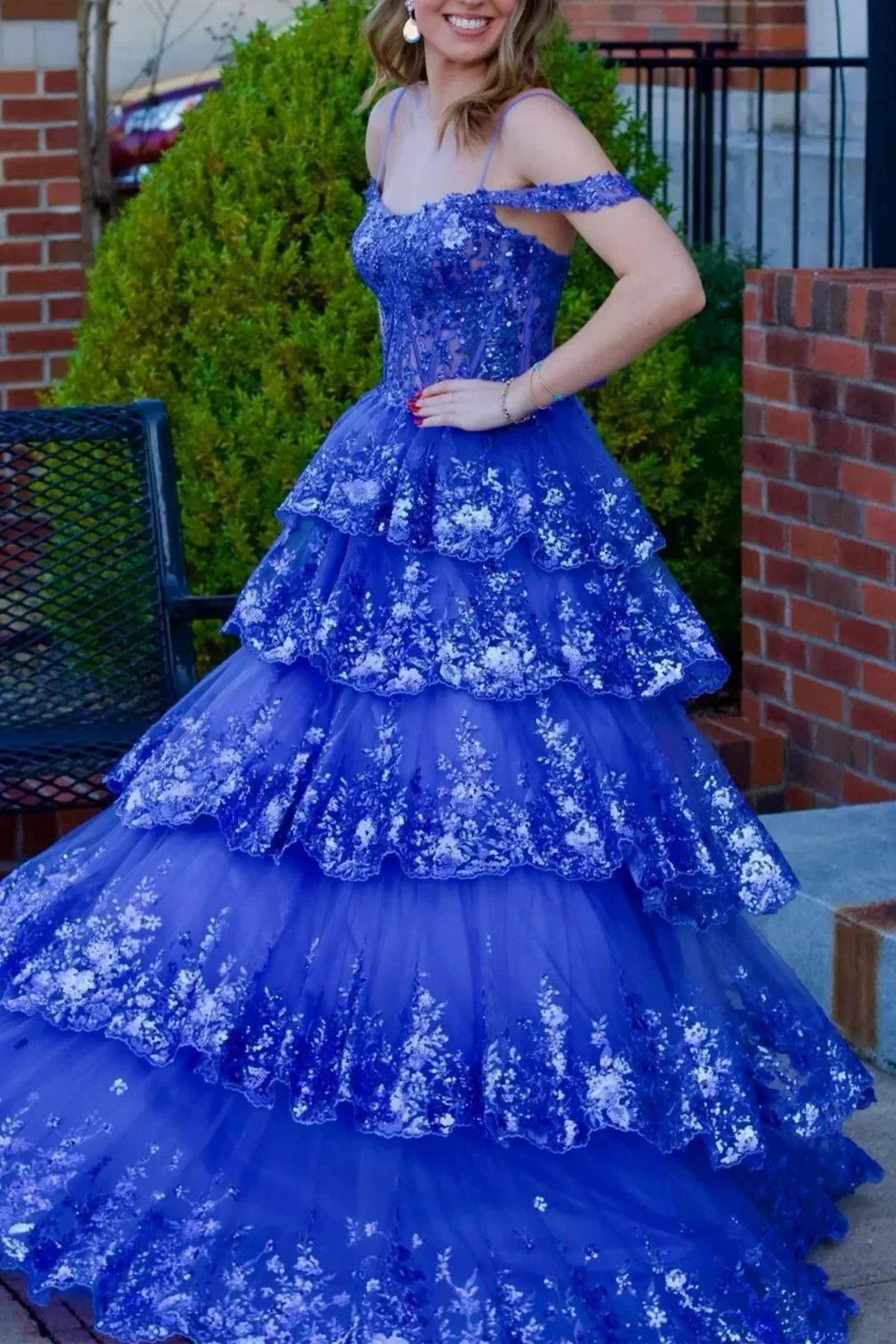 Maureen | Tulle Sequin Cold-Shoulder Ruffle Tiered Long Prom Dress - Image 6