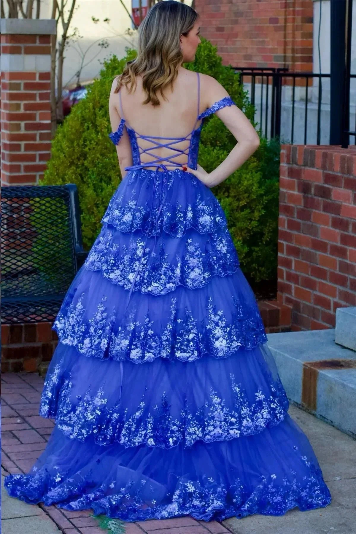 Maureen | Tulle Sequin Cold-Shoulder Ruffle Tiered Long Prom Dress - Image 7