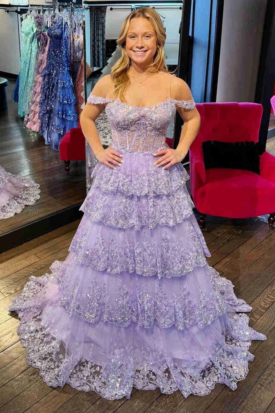 Maureen | Tulle Sequin Cold-Shoulder Ruffle Tiered Long Prom Dress - Image 8
