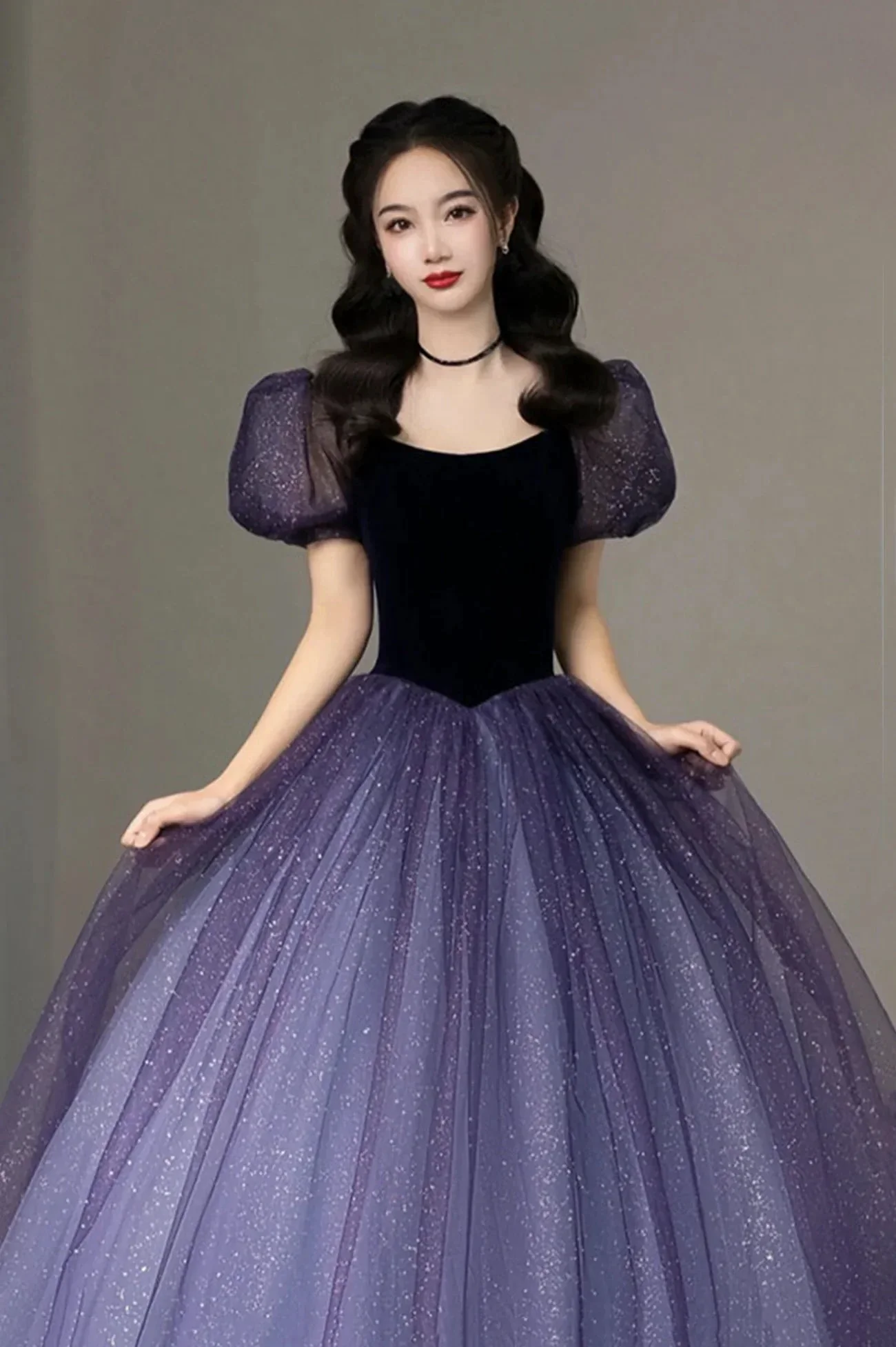 Purple Tulle Short Sleeve Formal Dress Cute A-Line Evening Dress Y4291 - Image 2