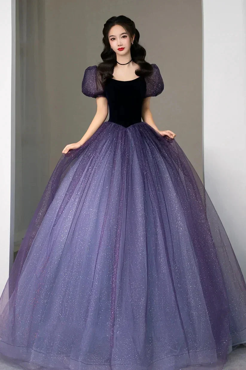 Purple Tulle Short Sleeve Formal Dress Cute A-Line Evening Dress Y4291 - Image 3