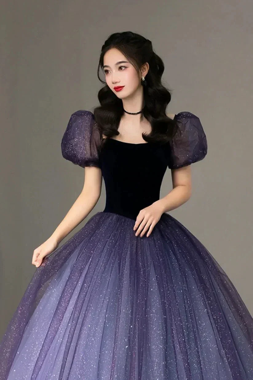 Purple Tulle Short Sleeve Formal Dress Cute A-Line Evening Dress Y4291 - Image 4