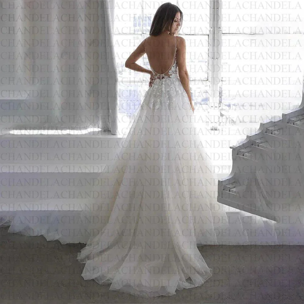 Tulle V-Line Wedding Dresses Deep V-Neck Spaghetti Strap Lace Appliques Backless Pleat Customised Vestidos De Novia - Image 2