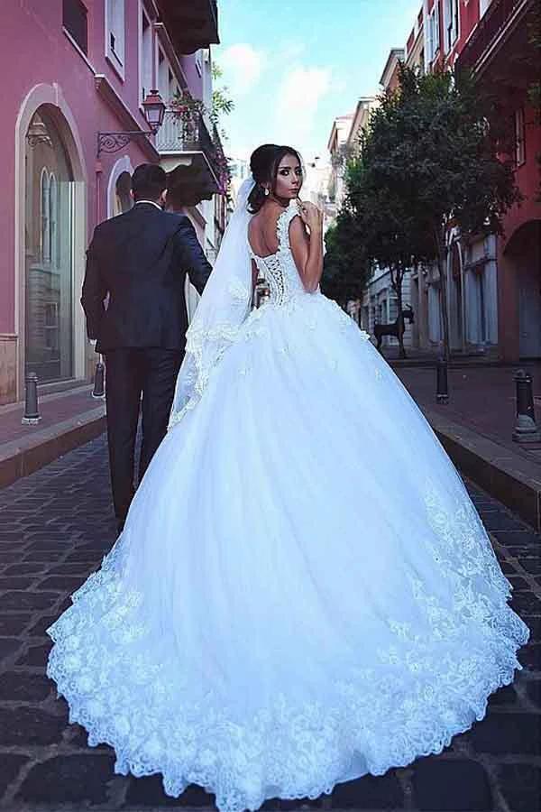 Tulle V-neck Neckline Ball Gown Wedding Dresses With Lace Appliques WD282 - Image 3