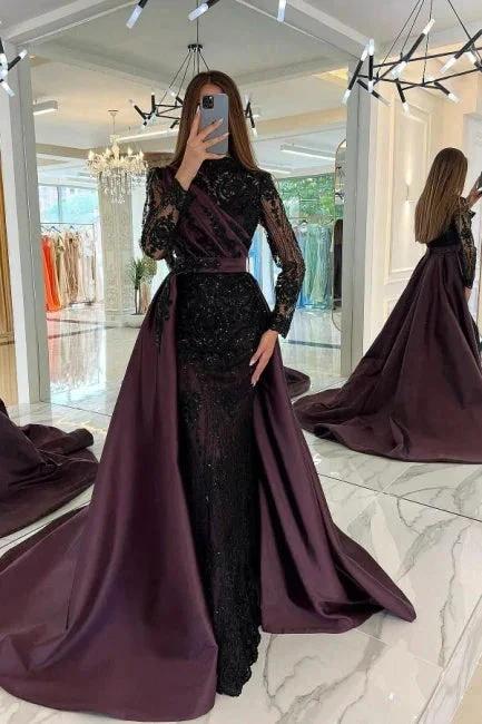 Turkish Mermaid High Neck Long Sleeves Evening Dresses With Black Lace - Image 3