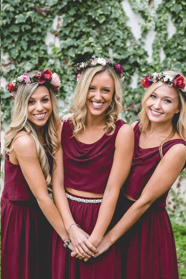 Two Piece A Line Burgundy Long  Bridesmaid Dresses  BD095 - Image 2