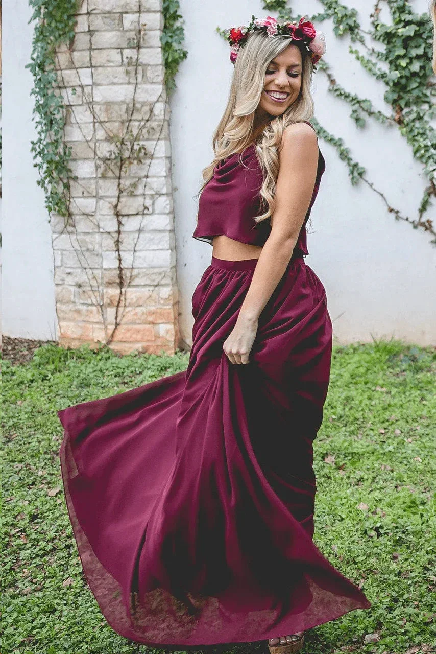 Two Piece A Line Burgundy Long  Bridesmaid Dresses  BD095 - Image 3