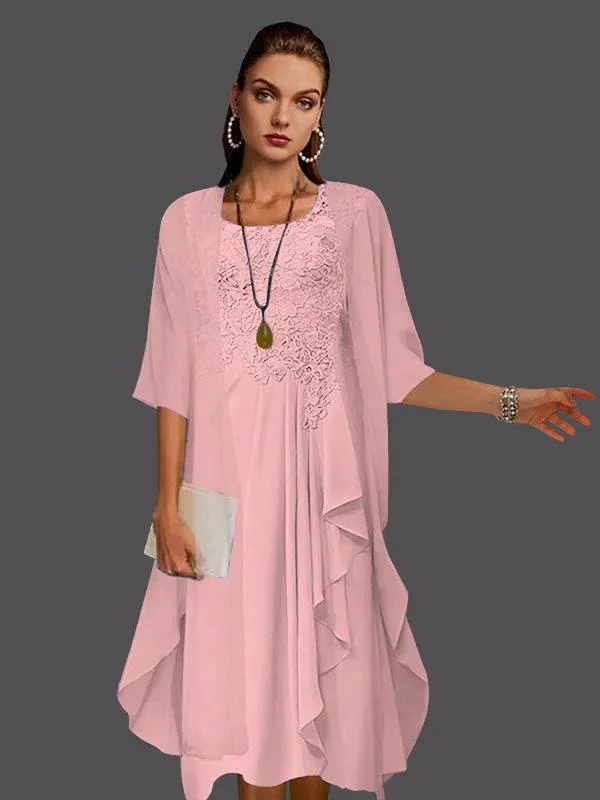 Two Piece A-Line Chiffon Lace Sleeveless Jacket Dresses with Pleats Appliques - Image 2