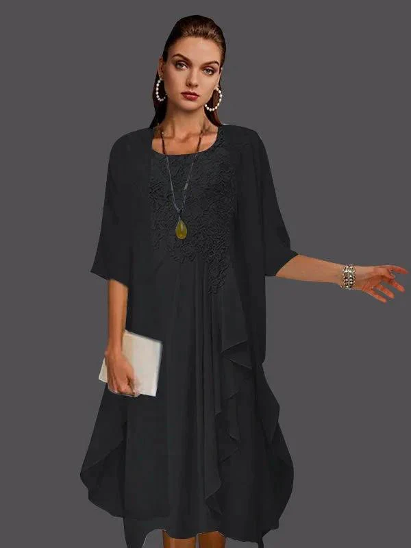 Two Piece A-Line Chiffon Lace Sleeveless Jacket Dresses with Pleats Appliques - Image 4