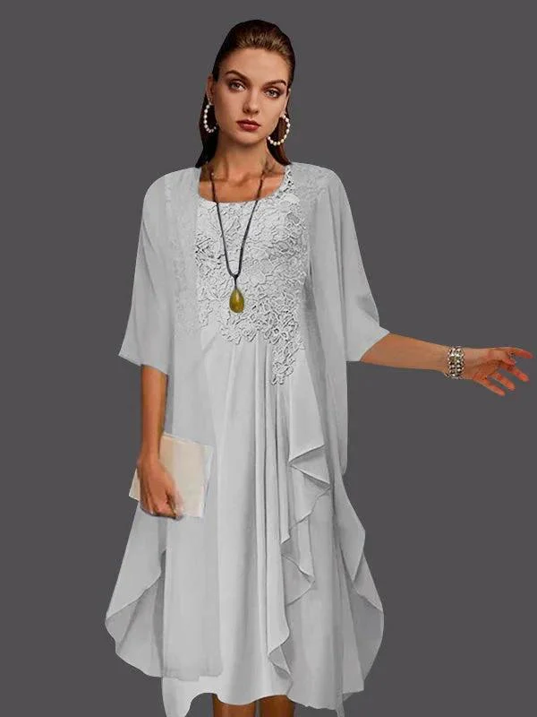 Two Piece A-Line Chiffon Lace Sleeveless Jacket Dresses with Pleats Appliques - Image 46