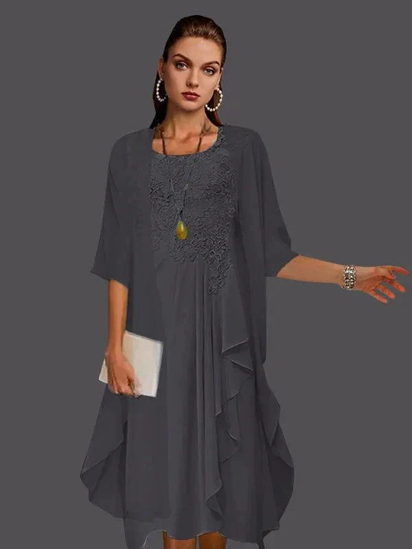 Two Piece A-Line Chiffon Lace Sleeveless Jacket Dresses with Pleats Appliques - Image 47