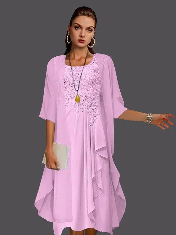 Two Piece A-Line Chiffon Lace Sleeveless Jacket Dresses with Pleats Appliques - Image 5
