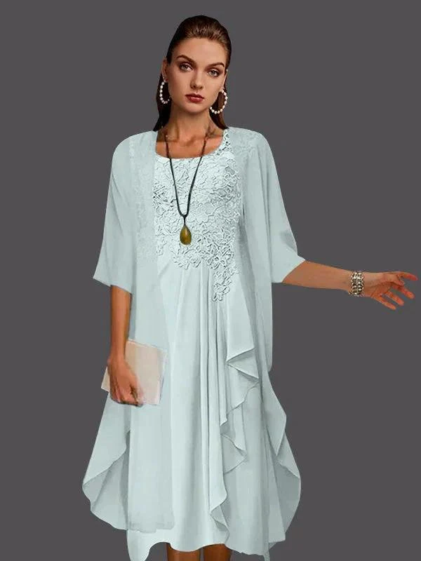 Two Piece A-Line Chiffon Lace Sleeveless Jacket Dresses with Pleats Appliques - Image 57
