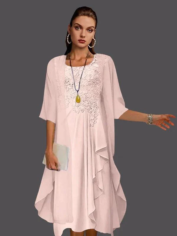 Two Piece A-Line Chiffon Lace Sleeveless Jacket Dresses with Pleats Appliques - Image 6