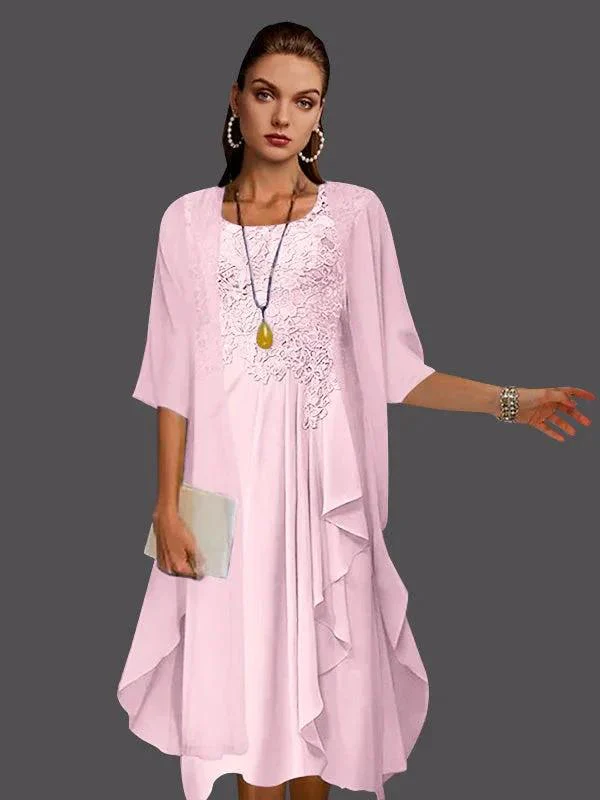 Two Piece A-Line Chiffon Lace Sleeveless Jacket Dresses with Pleats Appliques - Image 64