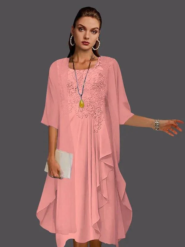 Two Piece A-Line Chiffon Lace Sleeveless Jacket Dresses with Pleats Appliques - Image 8