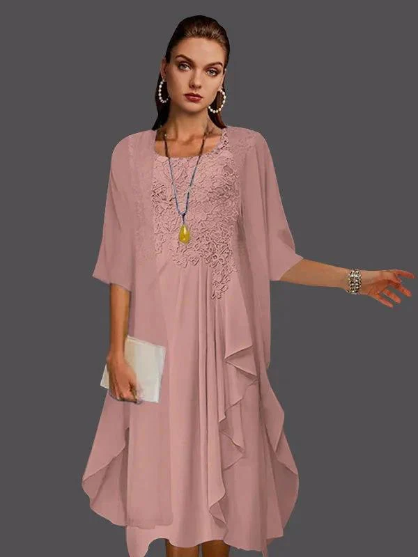 Two Piece A-Line Chiffon Lace Sleeveless Jacket Dresses with Pleats Appliques - Image 9