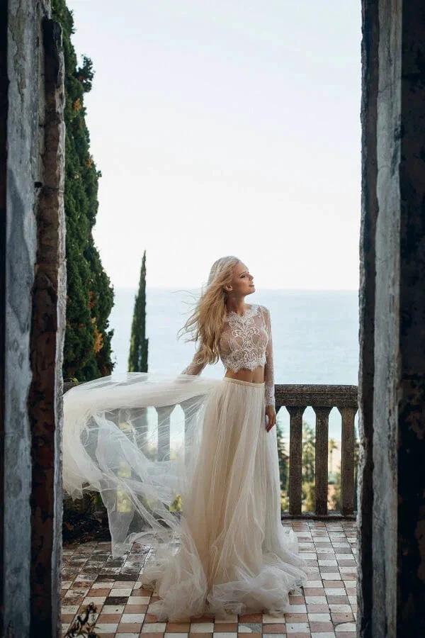 Two Piece A-line Long Lace Tulle Wedding Dress with Sleeves - Image 2