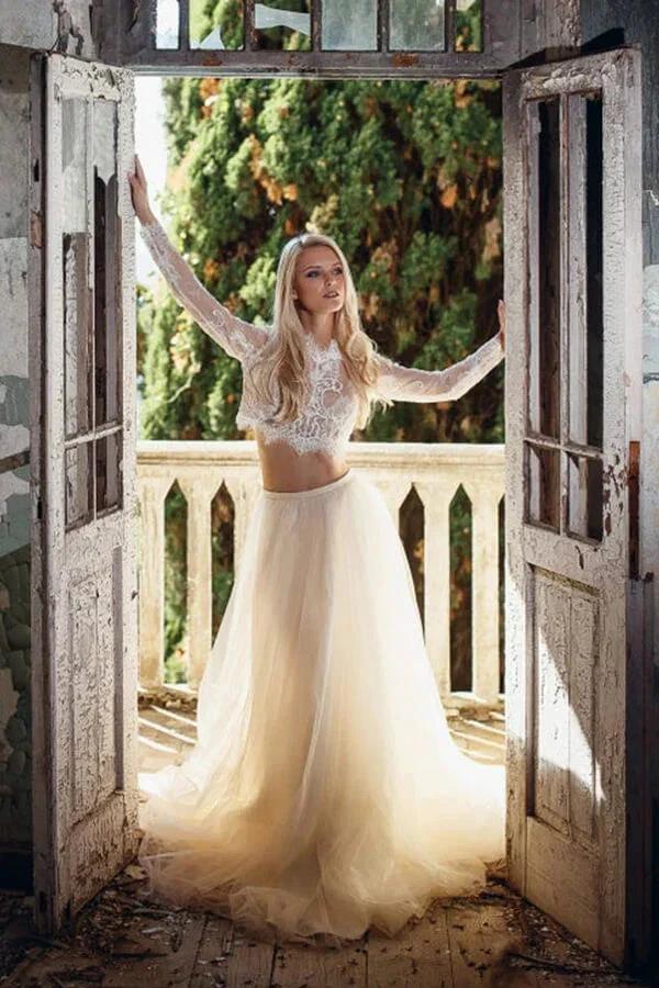 Two Piece A-line Long Lace Tulle Wedding Dress with Sleeves - Image 3