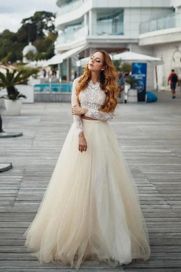 Two Piece A-line Long Lace Tulle Wedding Dress with Sleeves - Image 4