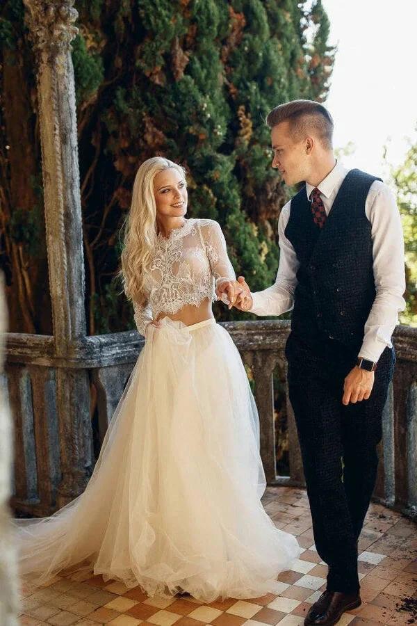 Two Piece A-line Long Lace Tulle Wedding Dress with Sleeves - Image 5