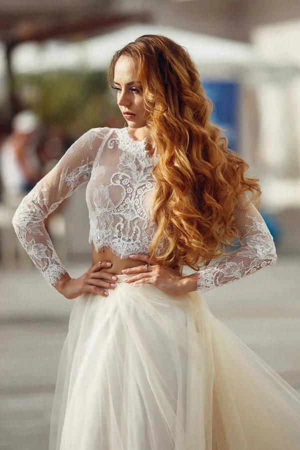 Two Piece A-line Long Lace Tulle Wedding Dress with Sleeves - Image 6