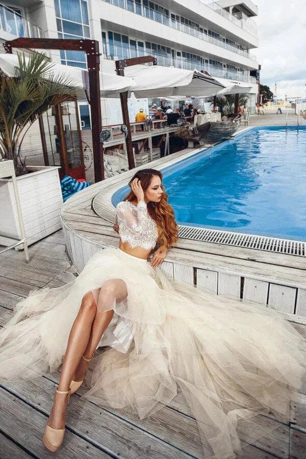Two Piece A-line Long Lace Tulle Wedding Dress with Sleeves - Image 7