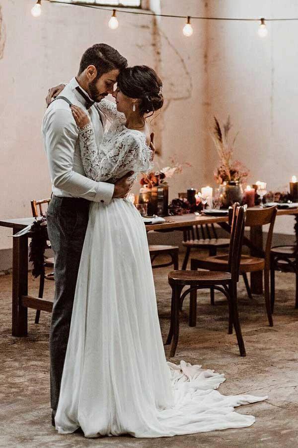 Two Piece Bateau Long Sleeves Chiffon Wedding Dress with Lace  WD372 - Image 2