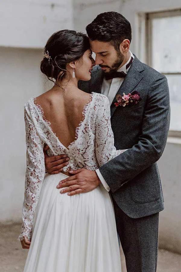 Two Piece Bateau Long Sleeves Chiffon Wedding Dress with Lace  WD372 - Image 3