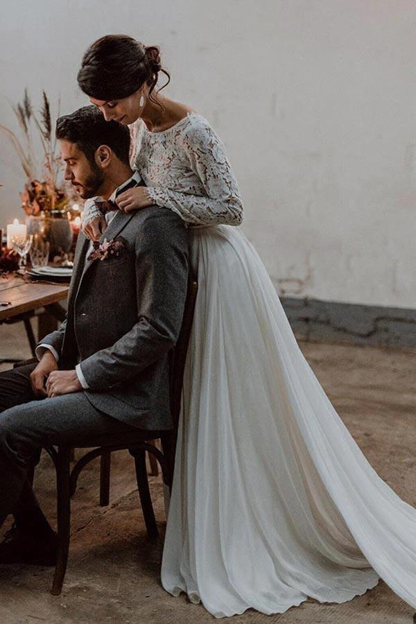 Two Piece Bateau Long Sleeves Chiffon Wedding Dress with Lace  WD372 - Image 4