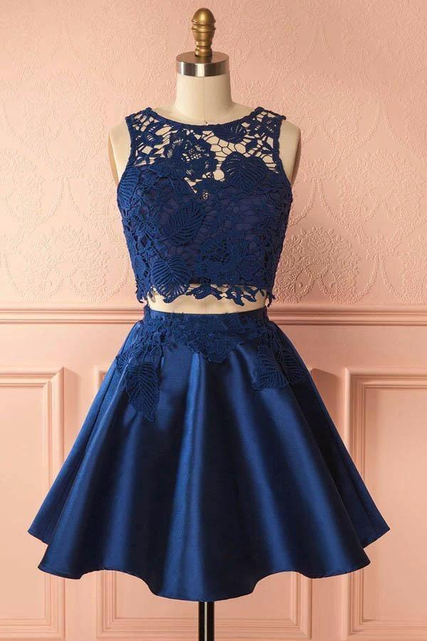 Two Piece Dark Blue Satin Homecoming Dress with Lace Appliques PG157 - Image 2