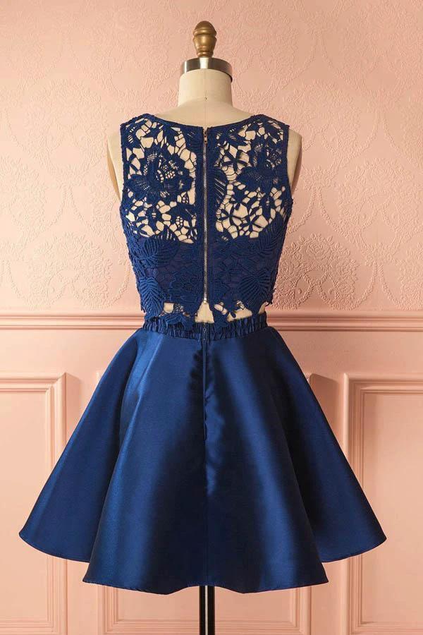 Two Piece Dark Blue Satin Homecoming Dress with Lace Appliques PG157 - Image 3